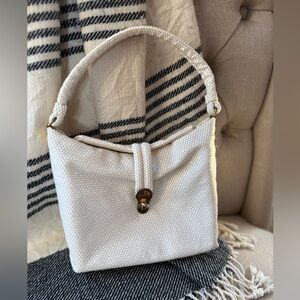 Vtg Lumured Beaded Evening Bag Ivory Gold Filigree Accents Strap Twist Lock Glam